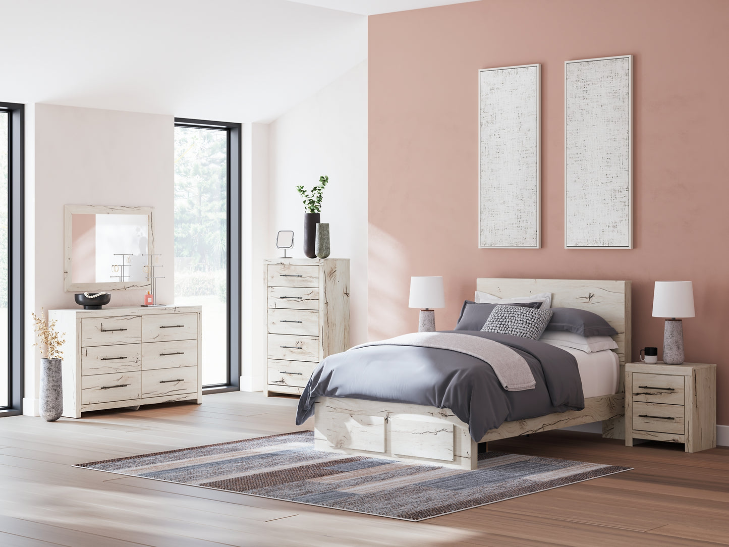 Lawroy Full Panel Storage Bed with Mirrored Dresser and Chest