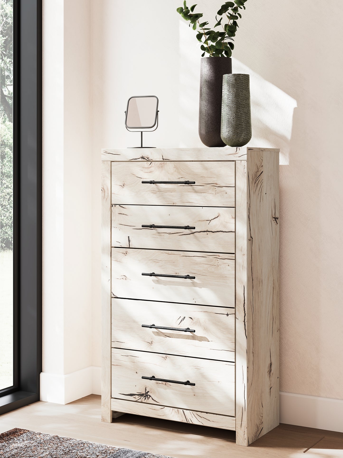 Lawroy King Panel Storage Bed with Mirrored Dresser and Chest