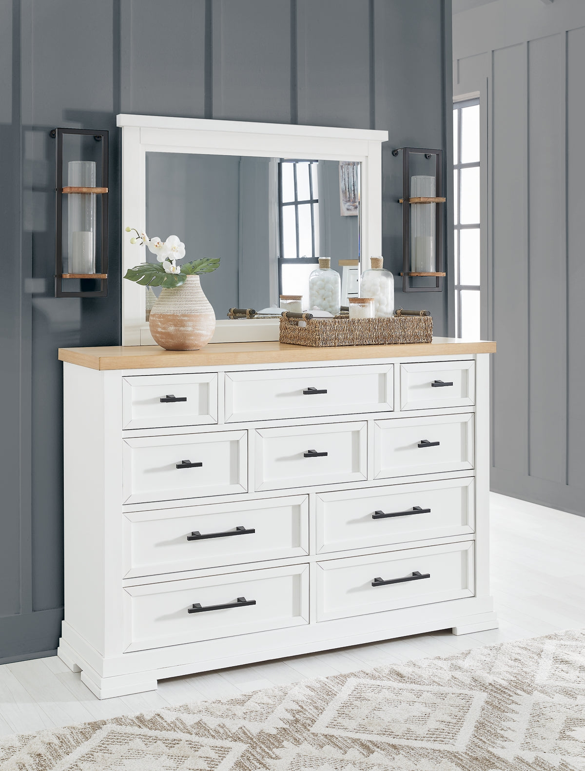 Ashbryn King Panel Storage Bed with Mirrored Dresser and Chest