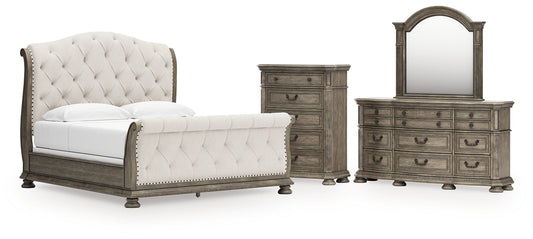 Ardenfield King Upholstered Sleigh Bed with Mirrored Dresser and Chest