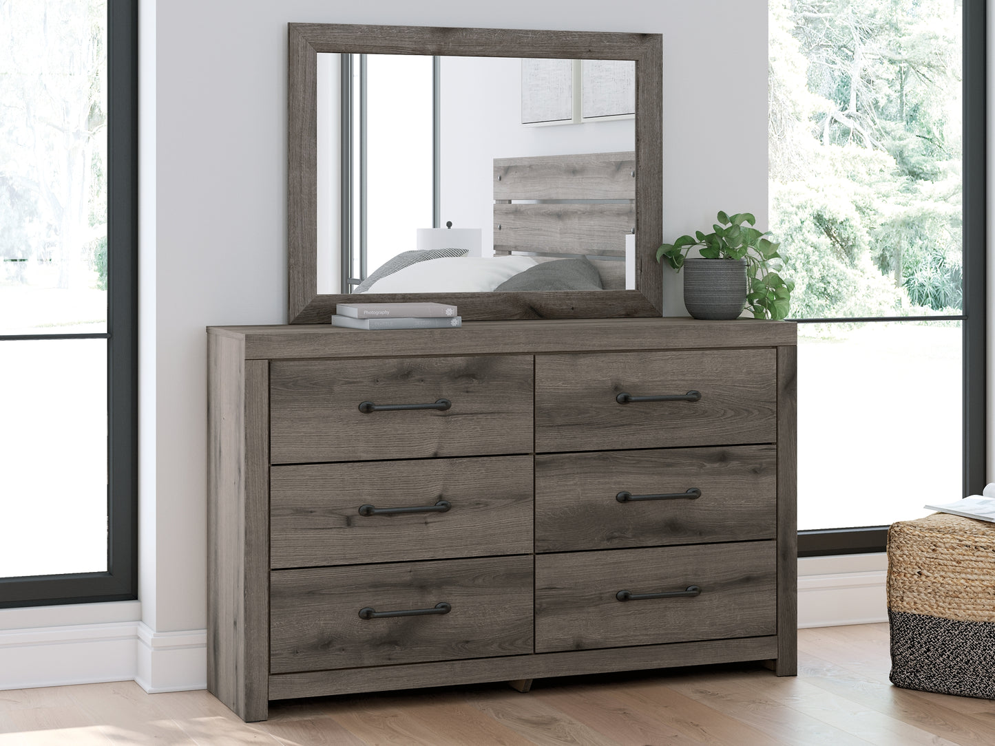Graystorm Full Panel Bed with Mirrored Dresser and Nightstand
