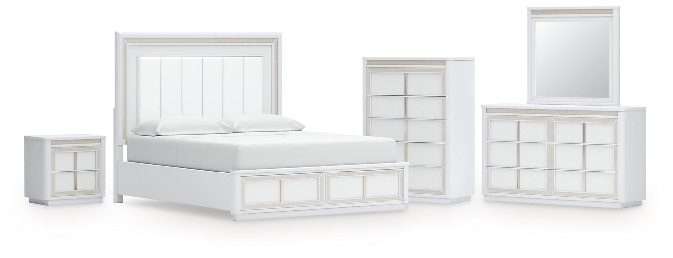 Chalanna California King Upholstered Storage Bed with Mirrored Dresser, Chest and Nightstand