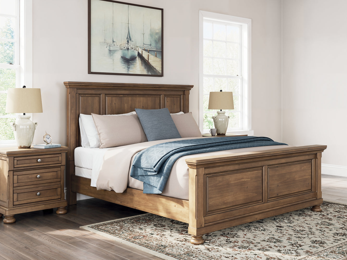 Feddinger California King Panel Bed with Mirrored Dresser, Chest and Nightstand