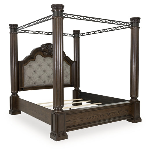 Maylee King Canopy Bed with Mirrored Dresser and Nightstand