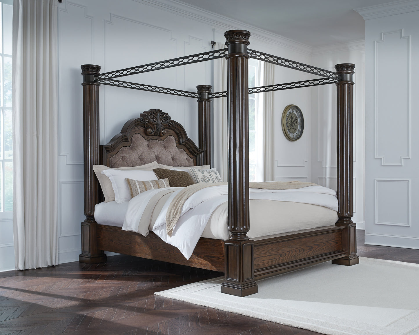 Maylee King Canopy Bed with Mirrored Dresser
