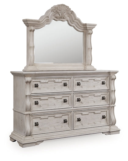 Bruchandi King Upholstered Panel Bed with Mirrored Dresser and Nightstand