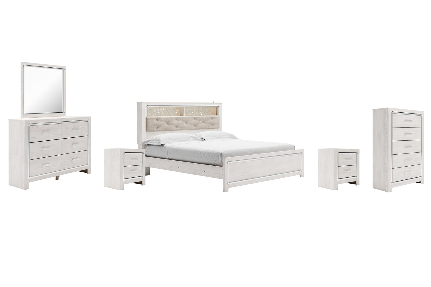 Altyra King Panel Bookcase Bed with Mirrored Dresser, Chest and 2 Nightstands