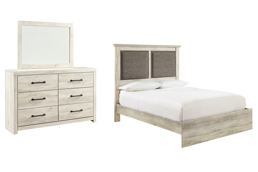 Cambeck Queen Upholstered Panel Bed with Mirrored Dresser